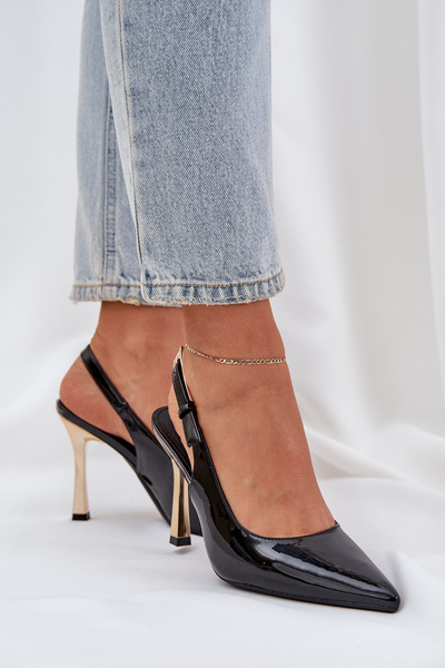 Lackierte High Heels Mit Offener Ferse Und Spitzem Zehen Schwarz Rivori