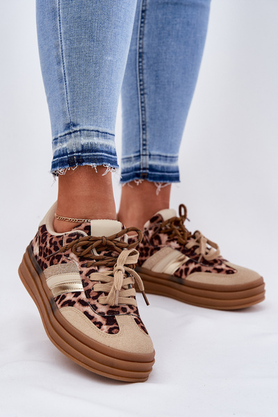 Adidași Femei Pe Platformă Cu Șireturi Duble Leopard Bej Niteria