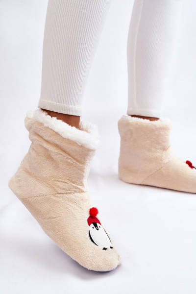 Chaussons Femme Chaussons Chauds Avec Pingouins Beige