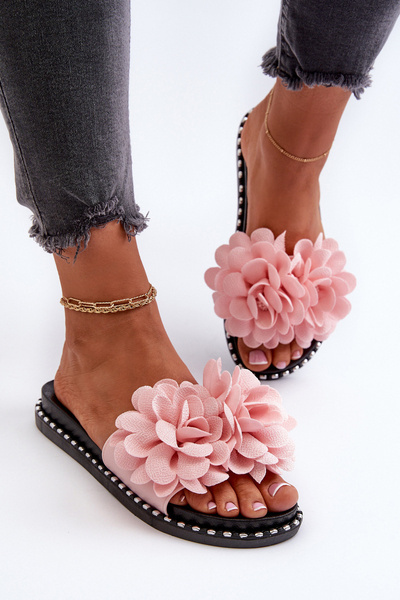 Damen Pantoletten mit Blumen verziert Pink Cellanen