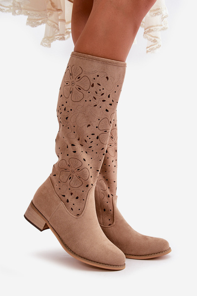 Bottes à lacets en daim écologique pour femmes avec fermeture éclair Orchidées beige foncé