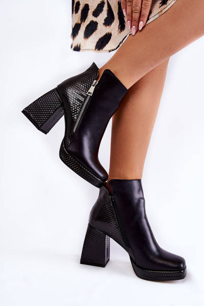 Cizme de piele pe model geometric cu toc înalt negru alienore negru