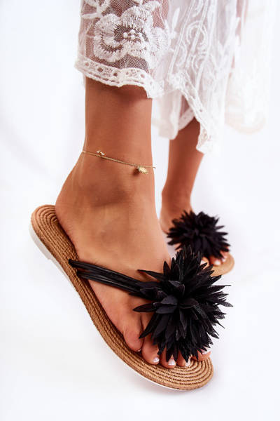 Flip-flops pentru femei cu ornament de țesătură neagră Eviana