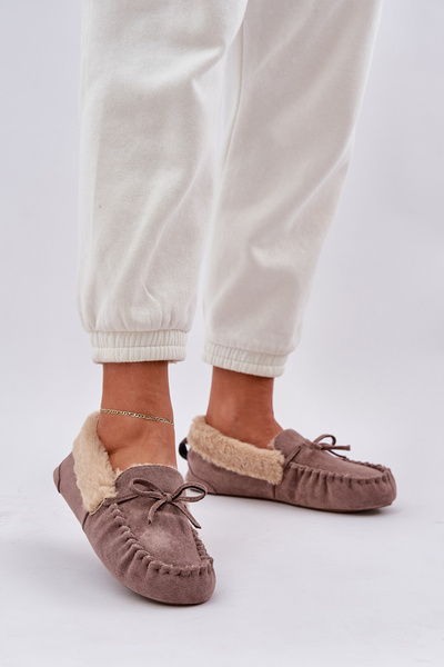 Ladies Moccasins Slippers With Fur Dark Beige Kleogoria