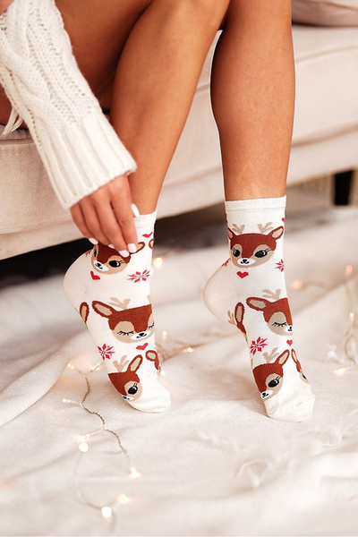 Chaussettes de Noël Femme Rennes Ecru