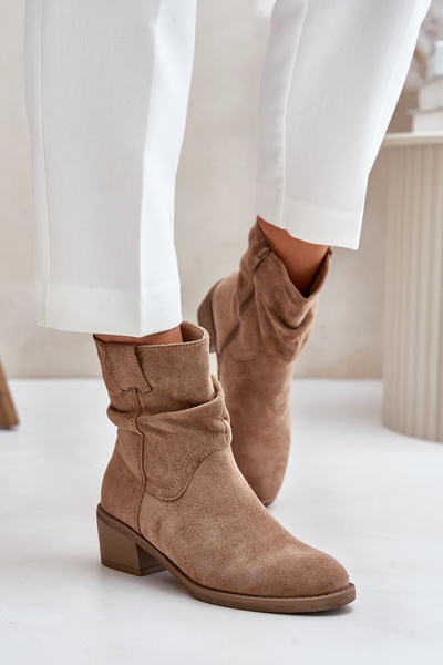 Wärmende Damenstiefel Mit Geschopptem Schaft Auf Niedrigem Absatz Beige Zinanya