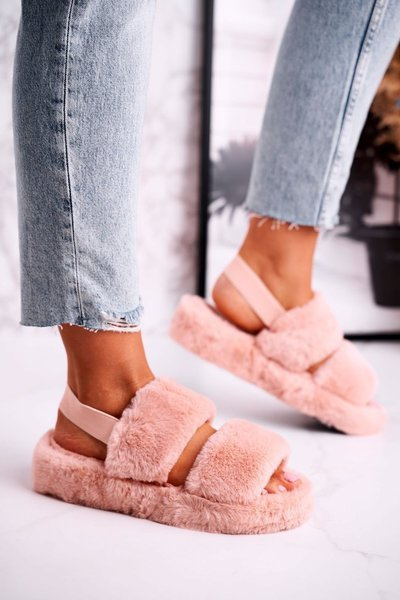 Papuci de blană pentru femei pe platformă Orange Cotton Candy