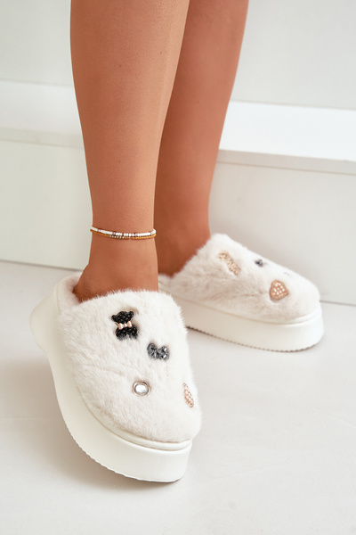 Papuci Fuzzy Pentru Femei Pe Talpă Groasă Cu Decorațiuni Bej Deschis Zintoria