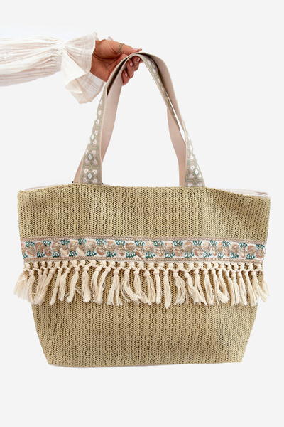 Grand Sac de Plage Tissé à Franges Vert Missalori