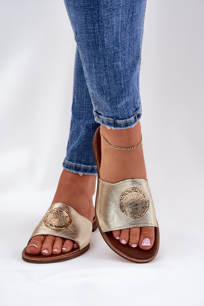 Zazoo 2938 Claquettes En Cuir À Talon Plat Avec Décoration Dorée