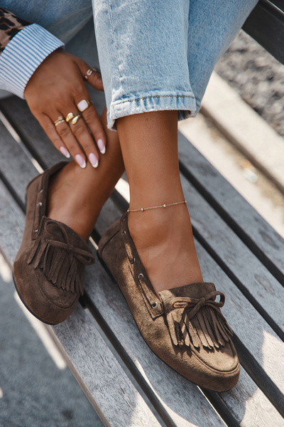 Mocassins pour femmes avec franges et nœud vert foncé Olivianne