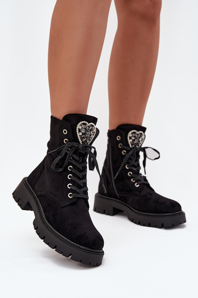 Botine Workery Cu Decorațiune Bijuterie Izolate Eco Suede Negre Miryssa