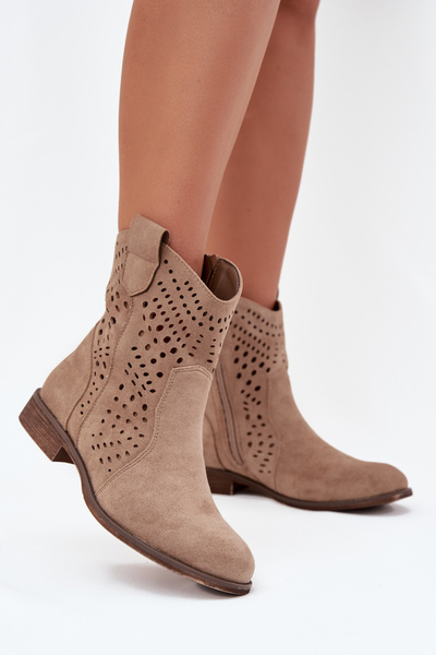 Ladies openwork ankle boots with flat heel beige Amisna