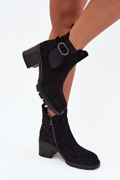 Botine pentru femei călduroase cu toc și cataramă decorativă negre Melara