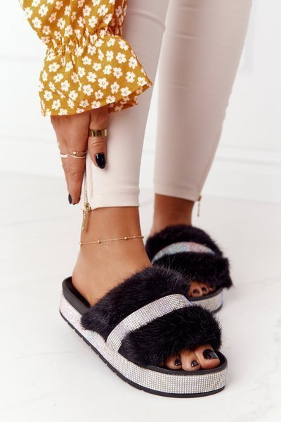 Plateau-Flip-Flops mit Fell und Zirkonen Schwarz Impress!