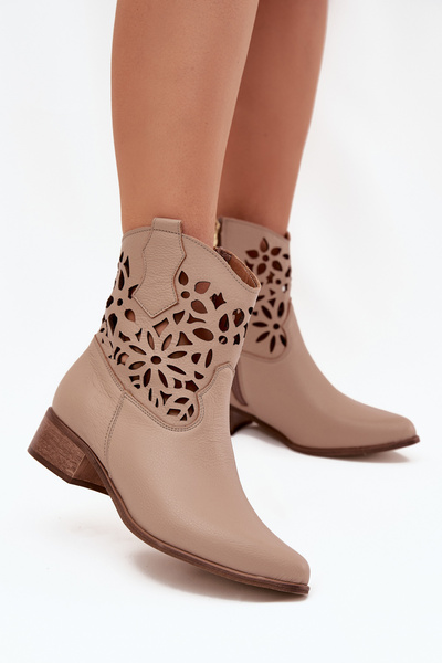 Zazoo 3404 Botine Cowboy Perforate Cu Toc Mic Din Piele Bej Închis