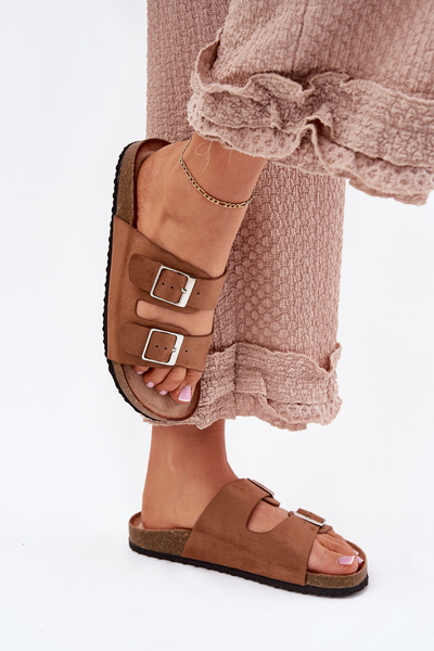 Damen Pantoletten auf Korkplattform mit Schnallen Camel Evisolla
