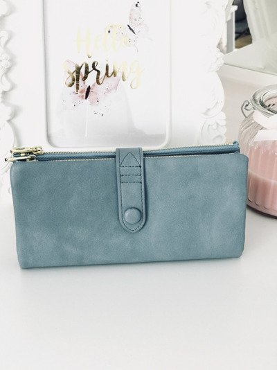 Grand portefeuille bleu pour femme, matériel plaqué or