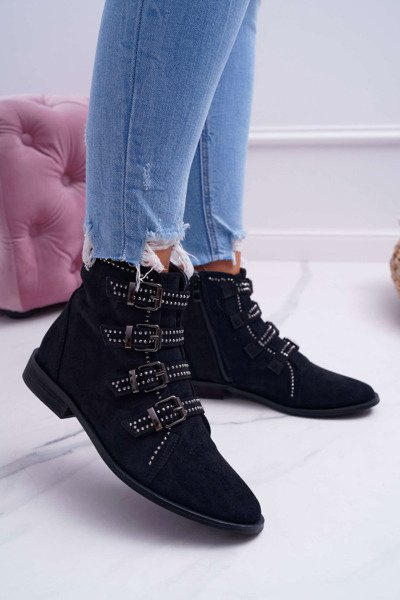 Damenstiefel Wildleder Nieten Schnallen Schwarz Berugio