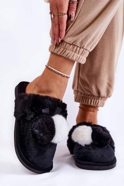 Chaussons Femme Avec Pompons Et Fourrure Noir Sahira