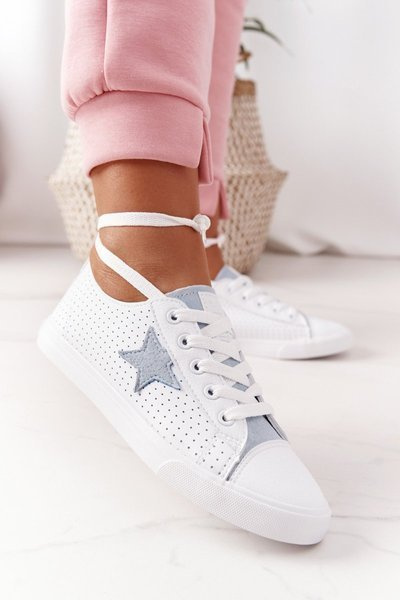 Adidași din piele pentru femei cu o stea mare stele DD274692 Alb-albastru