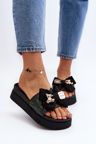 Chaussons pour femmes avec nœud et ours en peluche noir Katterina