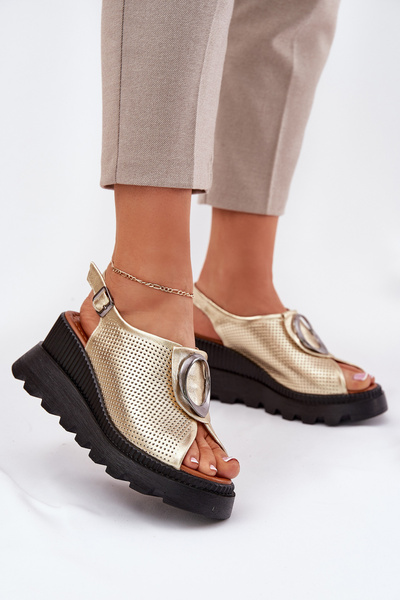 Leder Damen Sandalen Mit Keil Mit Dekoration Artiker 56C0109 Gold