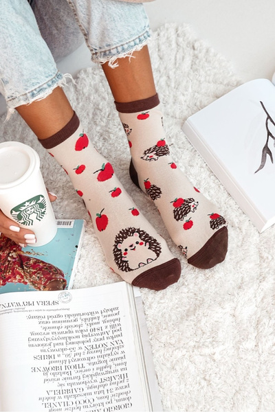 Chaussettes Femmes Hérissons Et Pommes Beige