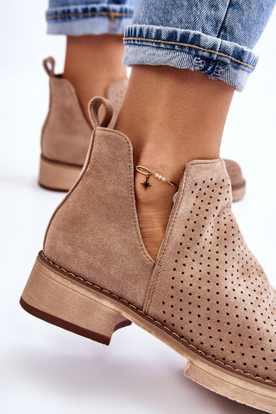 Suede Openwork Flat Heel Boots Dark Beige Angie