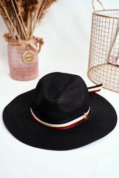 Chapeau Femme Panama 100% Papier Marine Mouche Or