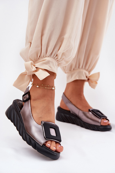 Sandales en cuir pour femmes à semelles compensées avec décoration Artiker 56C2158 graphite