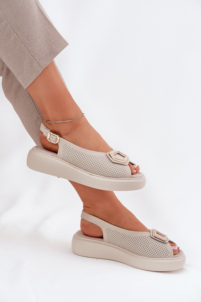 Sandales En Cuir Pour Femmes Avec Décoration S.Barski LR51-786 Beige